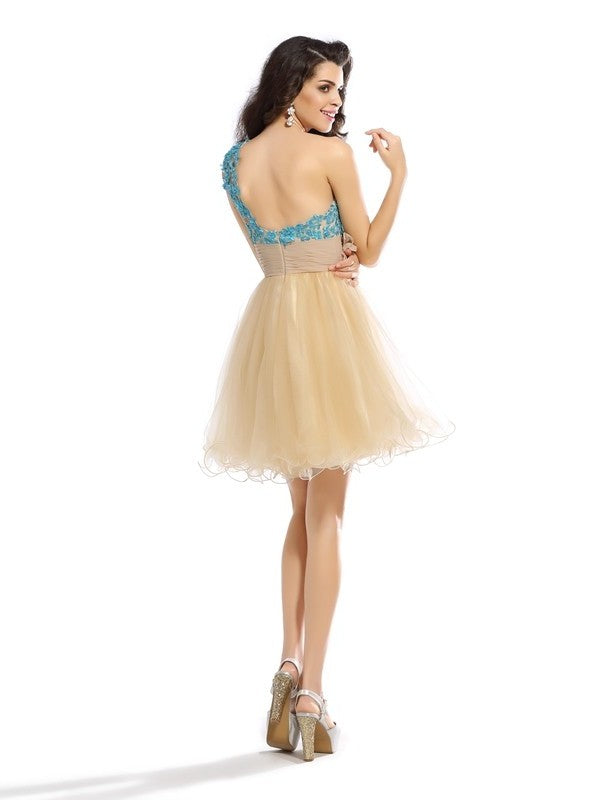 A-Line/Princess One-Shoulder Applique Sleeveless Short Net Cocktail Dresses DEP0008990