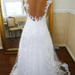 A-Line/Princess V-neck Sweep/Brush Train Lace Sleeveless Tulle Wedding Dresses DEP0006075