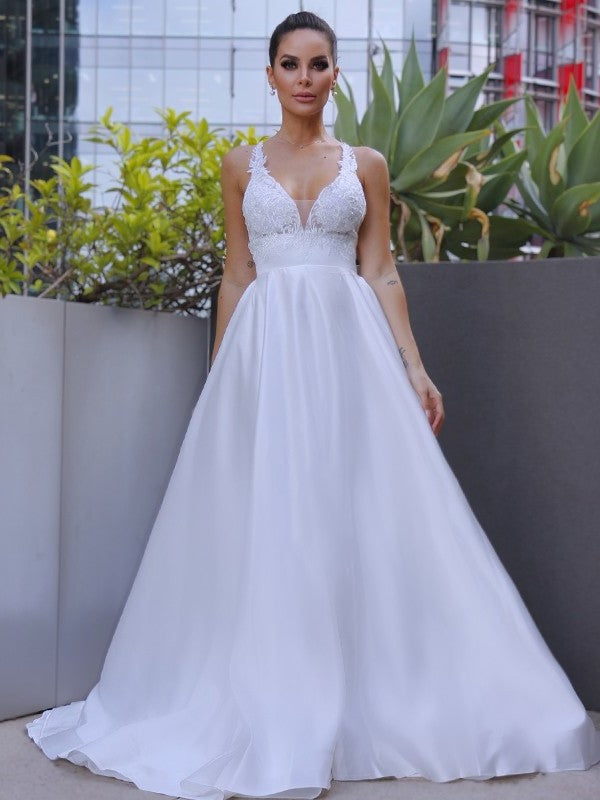A-Line/Princess V-neck Satin Applique Sleeveless Sweep/Brush Train Wedding Dresses DEP0006405