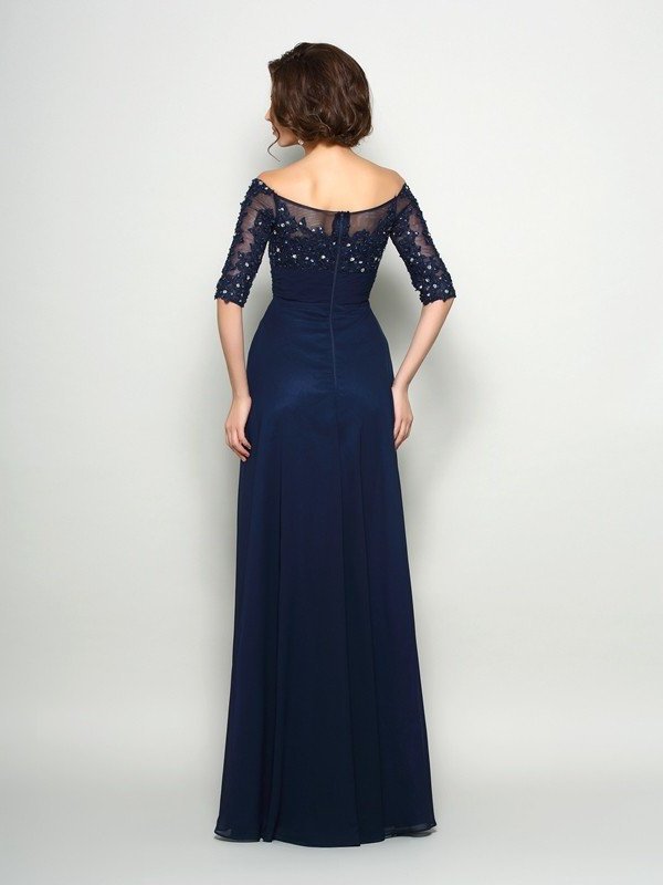 A-Line/Princess Off-the-Shoulder Beading 1/2 Sleeves Long Chiffon Mother of the Bride Dresses DEP0007036