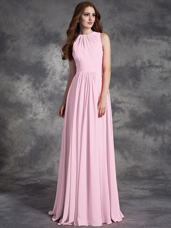 A-line/Princess Jewel Ruffles Sleeveless Long Chiffon Bridesmaid Dresses DEP0005510