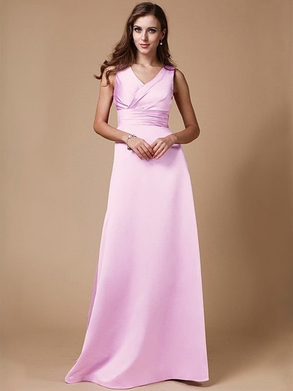 A-Line/Princess V-neck Long Sleeveless Elastic Woven Satin Bridesmaid Dresses DEP0005409