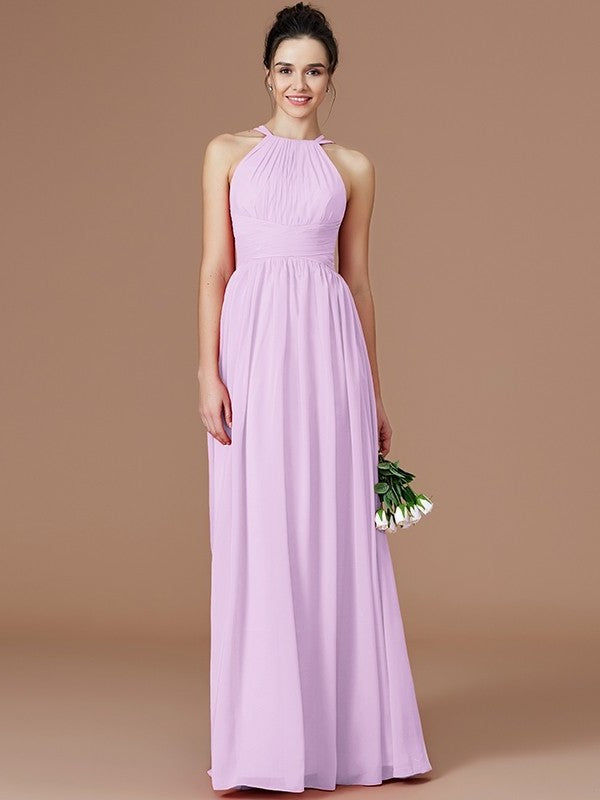 A-Line/Princess Halter Sleeveless Ruched Floor-Length Chiffon Bridesmaid Dresses DEP0005272