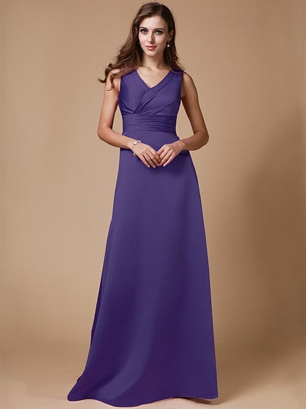 A-Line/Princess V-neck Long Sleeveless Elastic Woven Satin Bridesmaid Dresses DEP0005409