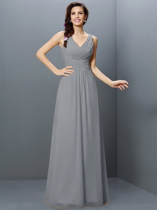 A-Line/Princess V-neck Pleats Sleeveless Long Chiffon Bridesmaid Dresses DEP0005331