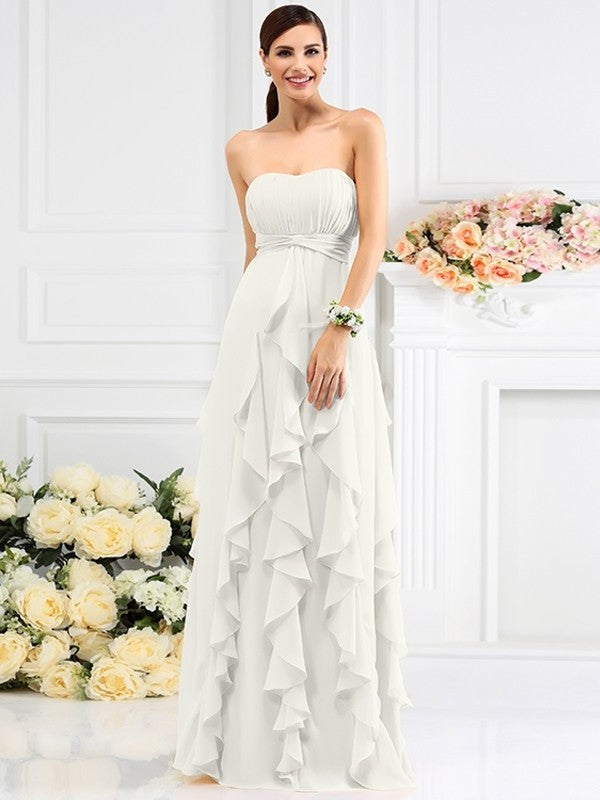 A-Line/Princess Strapless Pleats Sleeveless Long Chiffon Bridesmaid Dresses DEP0005396