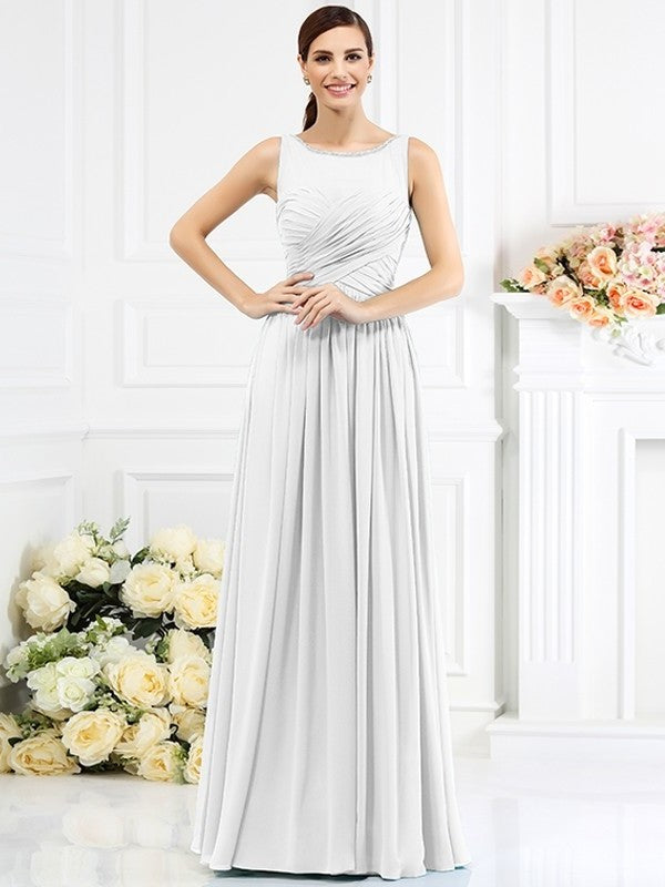 A-Line/Princess Bateau Pleats Sleeveless Long Chiffon Bridesmaid Dresses DEP0005212