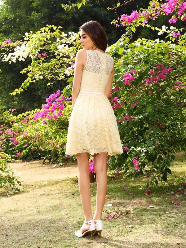 A-Line/Princess Scoop Lace Sleeveless Short Elastic Woven Satin Bridesmaid Dresses DEP0005043