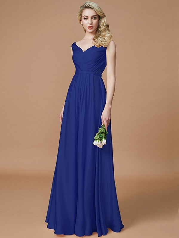 A-Line/Princess V-neck Sleeveless Ruched Floor-Length Silk like Satin Bridesmaid Dresses DEP0005430