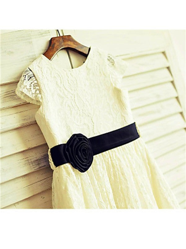 A-line/Princess Scoop Short Sleeves Hand-made Flower Tea-Length Lace Flower Girl Dresses DEP0007929