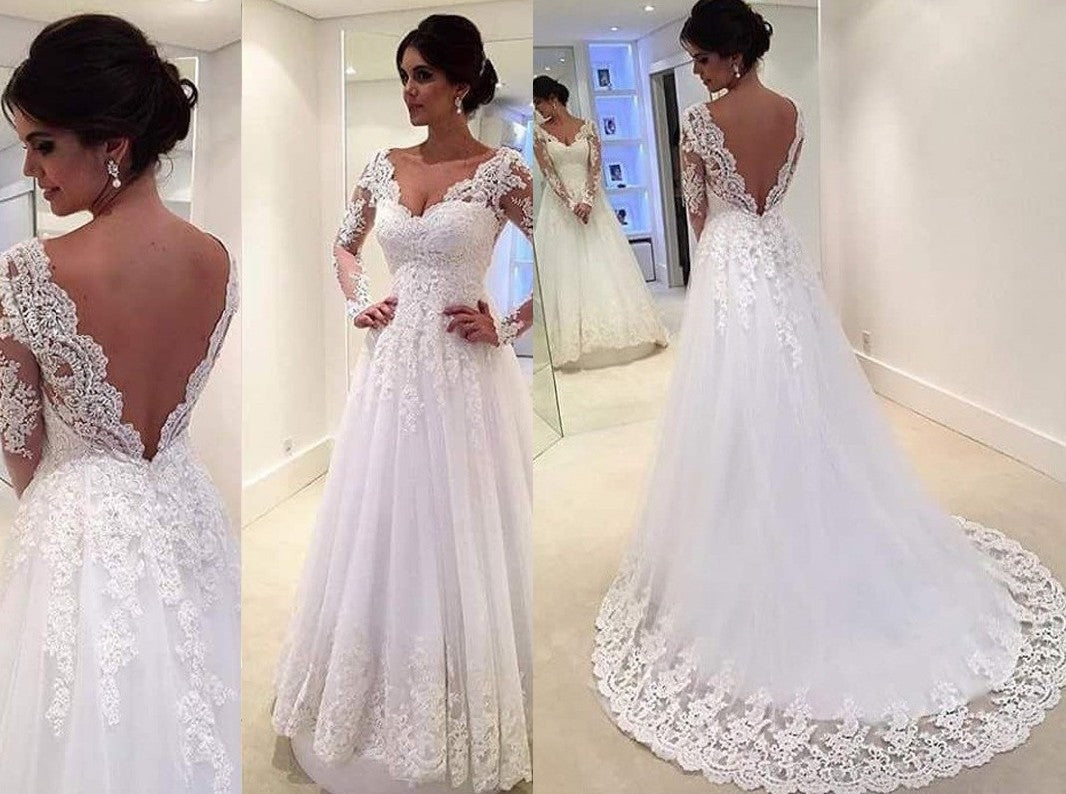 Ball Gown V-neck Long Sleeves Lace Sweep/Brush Train Tulle Wedding Dresses DEP0006055