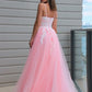 A-Line/Princess Tulle V-neck Applique Sleeveless Floor-Length Dresses DEP0001584