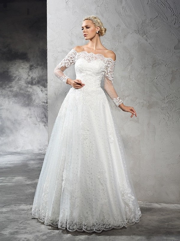 Ball Gown Off-the-Shoulder Lace Long Sleeves Long Net Wedding Dresses DEP0006225