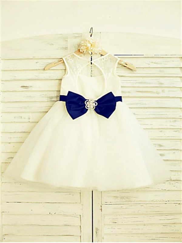 A-line/Princess Scoop Sleeveless Bowknot Tea-Length Tulle Flower Girl Dresses DEP0007833