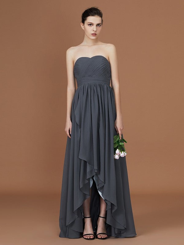 A-Line/Princess Asymmetrical Sleeveless Ruched Sweetheart Floor-Length Chiffon Bridesmaid Dresses DEP0005820