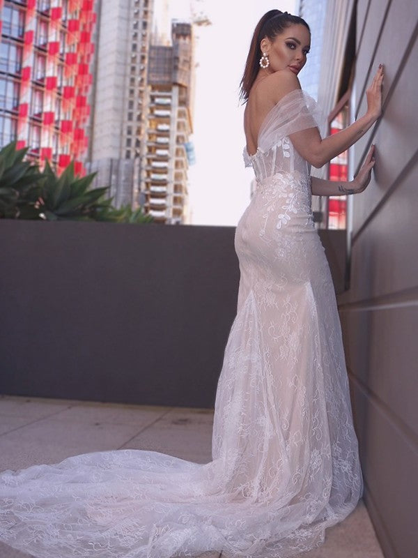 Sheath/Column Lace Sleeveless Off-the-Shoulder Applique Court Train Wedding Dresses DEP0005978