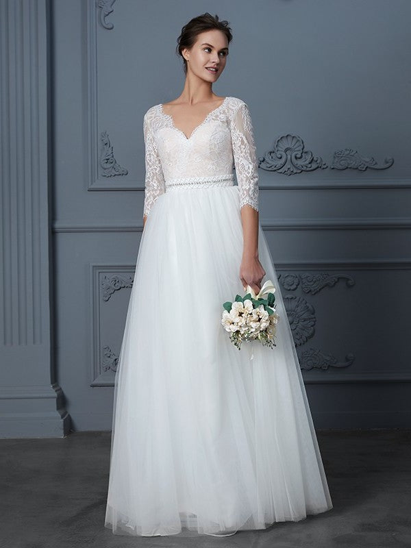 A-Line/Princess V-neck 3/4 Sleeves Floor-Length Lace Tulle Wedding Dresses DEP0006306