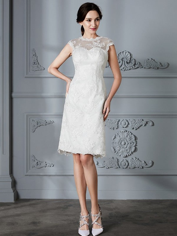 A-Line/Princess Sleeveless Scoop Knee-Length Lace Satin Wedding Dresses DEP0006795