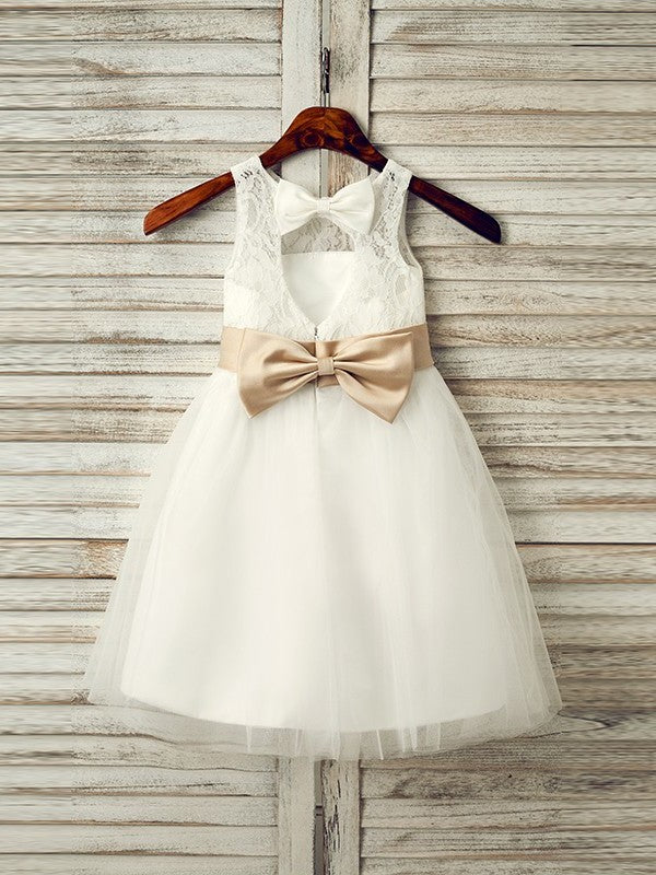 A-Line/Princess Tulle Bowknot Scoop Sleeveless Tea-Length Flower Girl Dresses DEP0007522