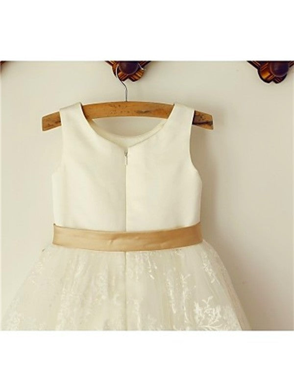 A-line/Princess Scoop Sleeveless Bowknot Tea-Length Lace Flower Girl Dresses DEP0007682