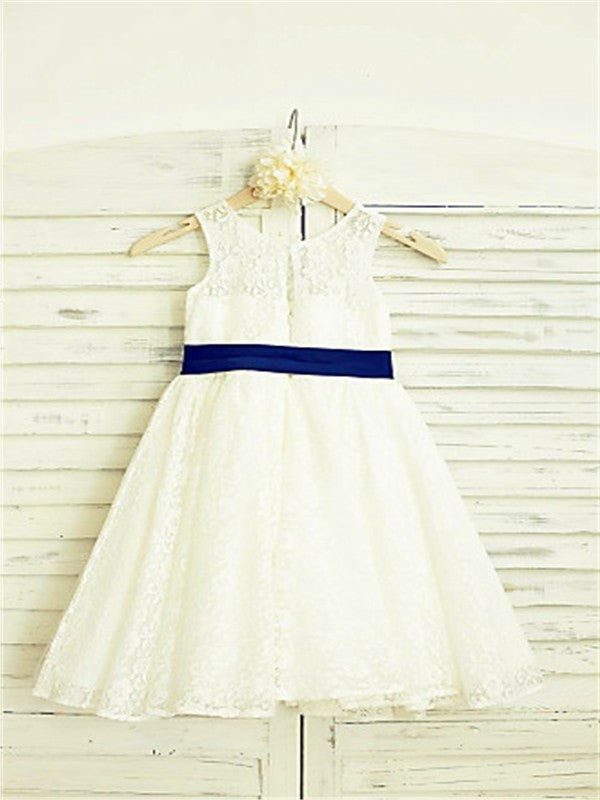 A-line/Princess Scoop Sleeveless Bowknot Tea-Length Lace Flower Girl Dresses DEP0007841