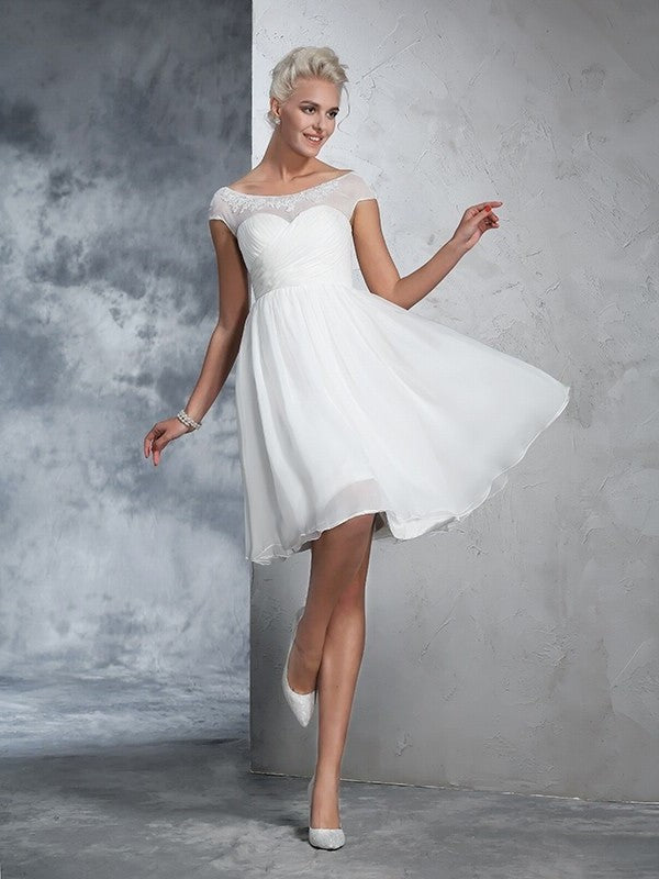 A-Line/Princess Sheer Neck Ruched Short Sleeves Short Chiffon Wedding Dresses DEP0006652