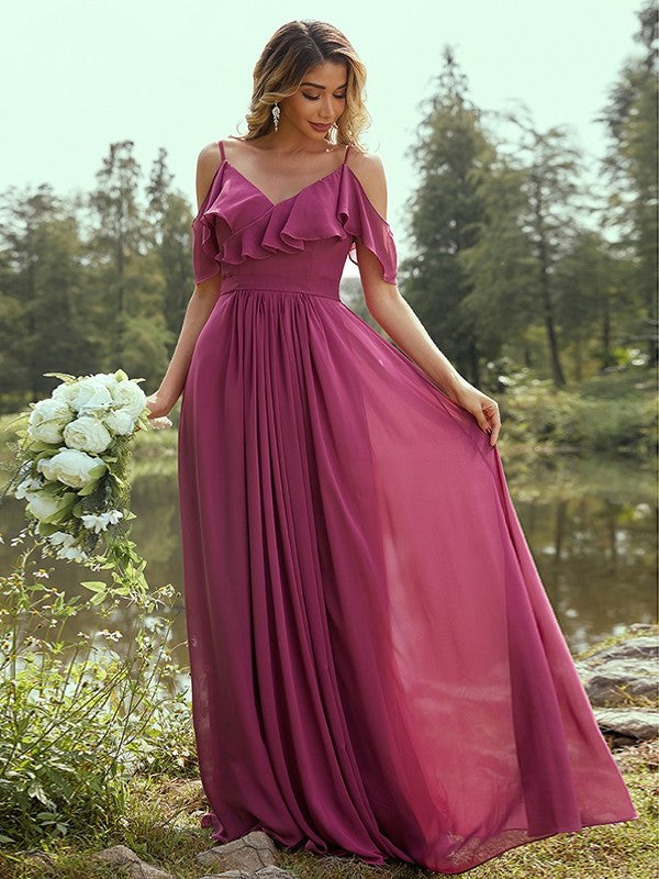 A-Line/Princess Chiffon Ruffles V-neck Sleeveless Floor-Length Bridesmaid Dresses DEP0004967