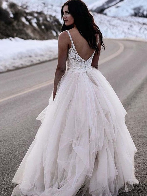A-Line/Princess Ruched Tulle V-neck Sleeveless Floor-Length Wedding Dresses DEP0005916