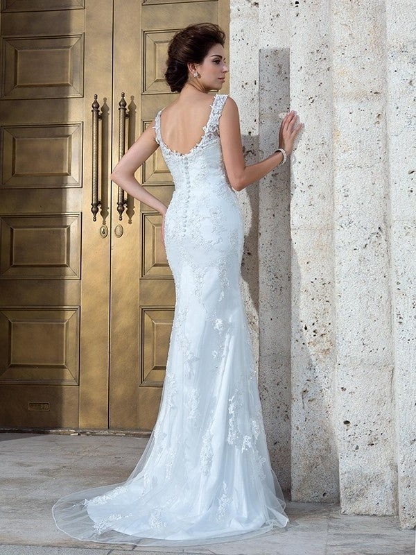 Trumpet/Mermaid V-neck Applique Sleeveless Long Net Wedding Dresses DEP0006703