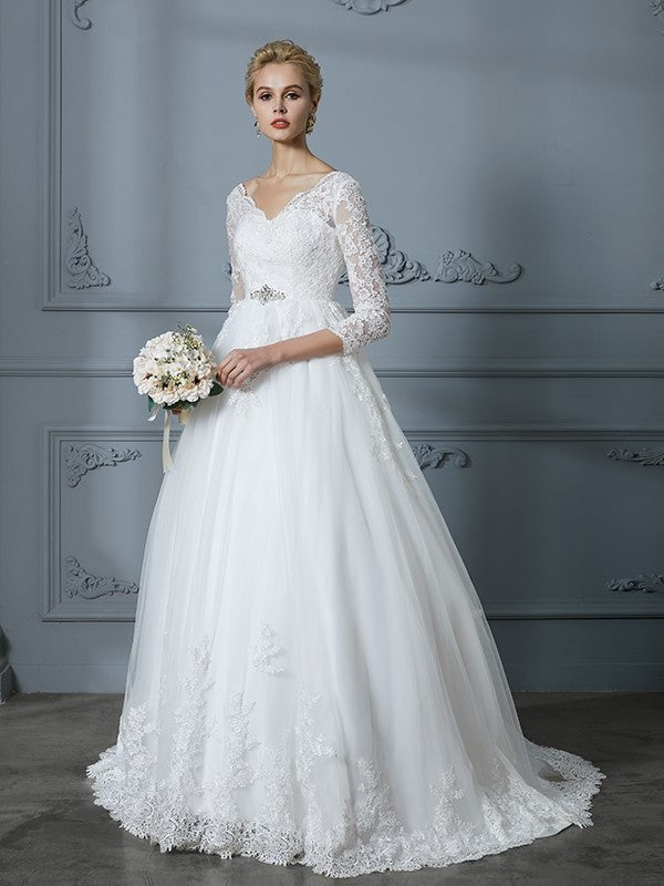 Ball Gown V-neck 3/4 Sleeves Court Train Lace Tulle Wedding Dresses DEP0006428