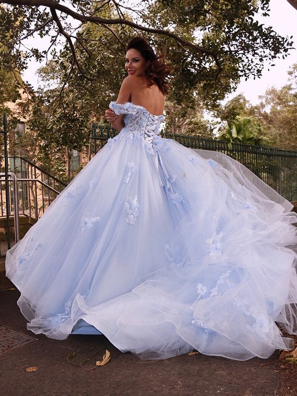 Ball Gown Tulle Applique Off-the-Shoulder Sleeveless Sweep/Brush Train Dresses DEP0001427