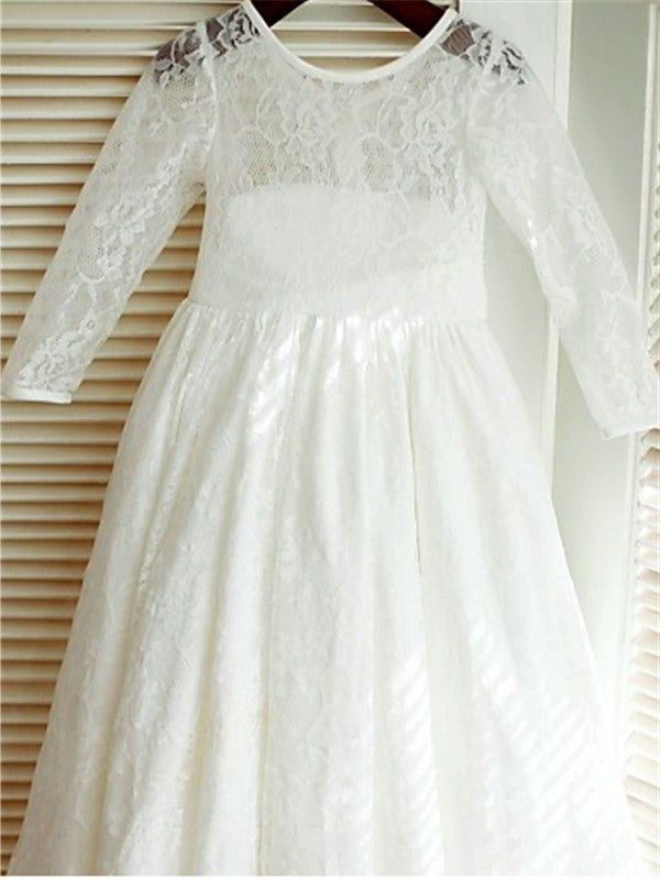 A-line/Princess Scoop Long Sleeves Bowknot Ankle-Length Lace Flower Girl Dresses DEP0007709