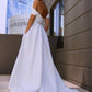 A-Line/Princess Satin Ruched Off-the-Shoulder Sleeveless Sweep/Brush Train Wedding Dresses DEP0006115