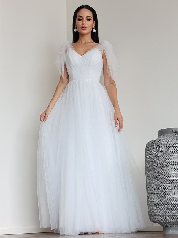 A-Line/Princess Tulle Ruffles V-neck Sleeveless Floor-Length Wedding Dresses DEP0007026