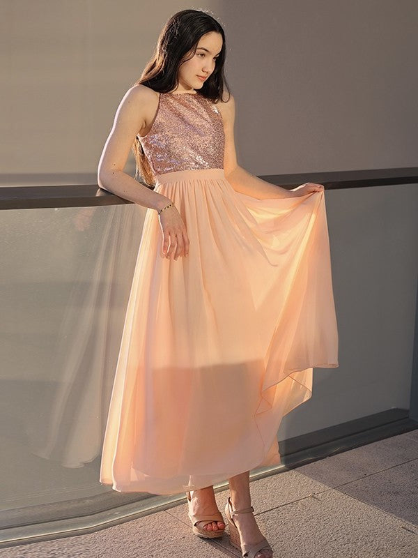 A-Line/Princess Chiffon Sequin Scoop Sleeveless Ankle-Length Junior/Girls Bridesmaid Dresses DEP0005882