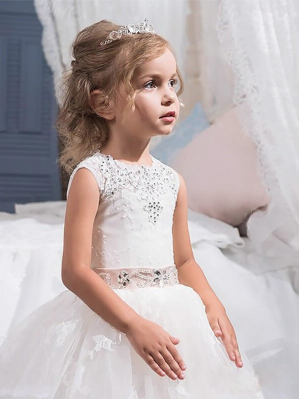 Ball Gown Jewel Sleeveless Crystal Floor-Length Tulle Flower Girl Dresses DEP0007617