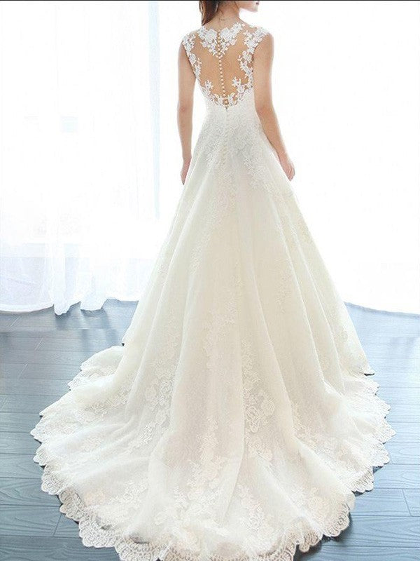 A-Line/Princess Sleeveless V-neck Court Train Applique Lace Wedding Dresses DEP0006590