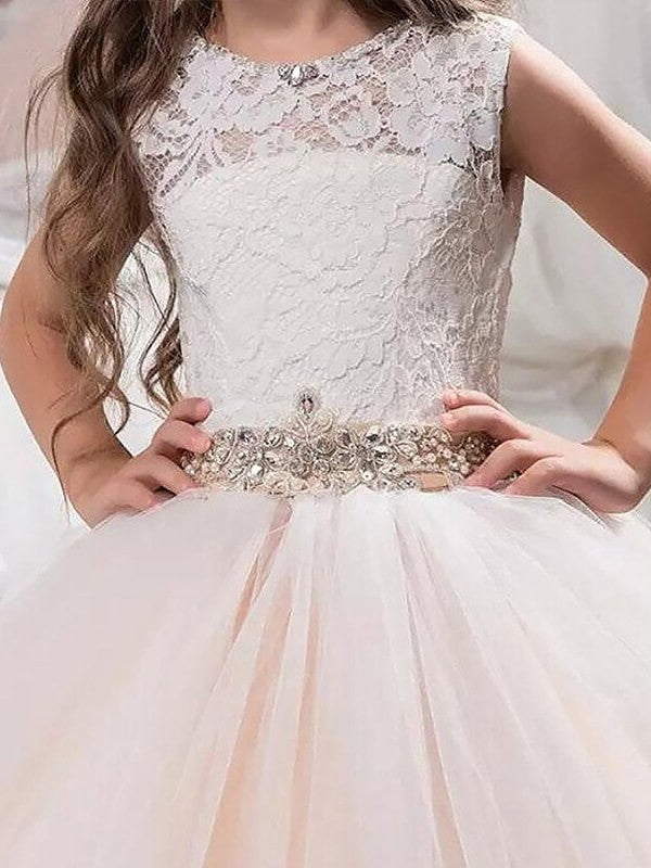 Ball Gown Scoop Sleeveless Lace Floor-Length Tulle Flower Girl Dresses DEP0007575
