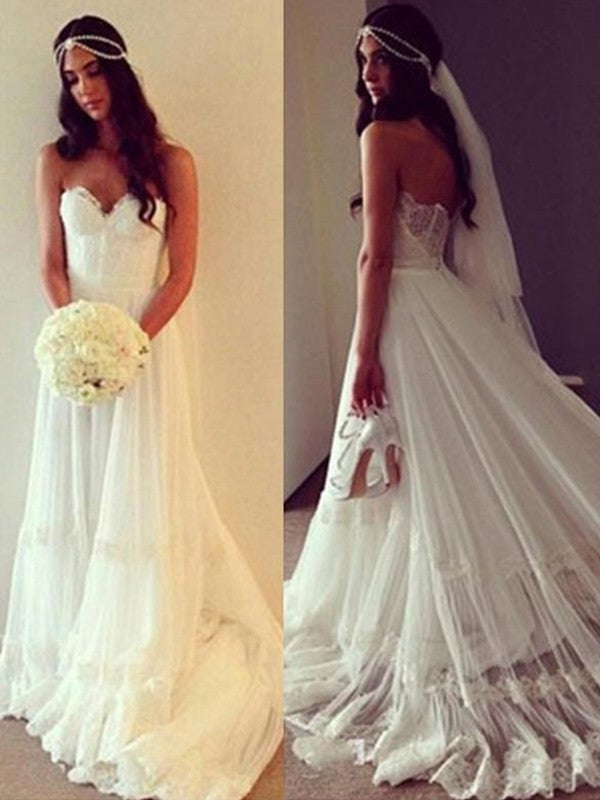 A-Line/Princess Sweetheart Sleeveless Tulle Lace Court Train Wedding Dresses DEP0006823