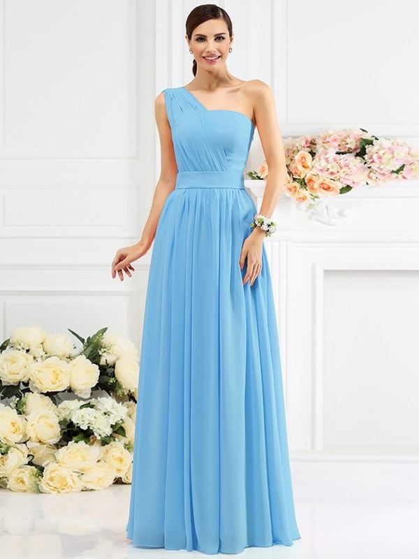 A-Line/Princess One-Shoulder Pleats Sleeveless Long Chiffon Bridesmaid Dresses DEP0005059