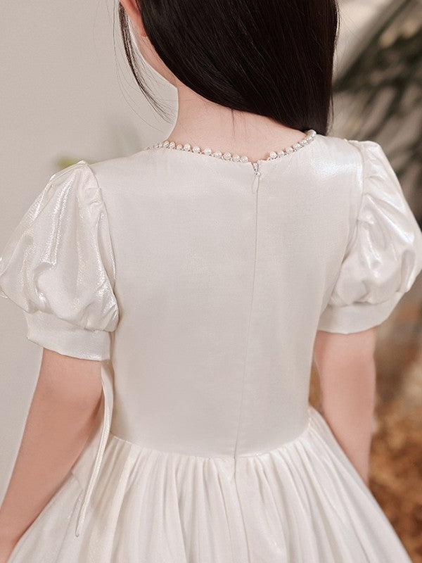 A-Line/Princess Satin Bowknot Sweetheart Short Sleeves Floor-Length Flower Girl Dresses DEP0007508