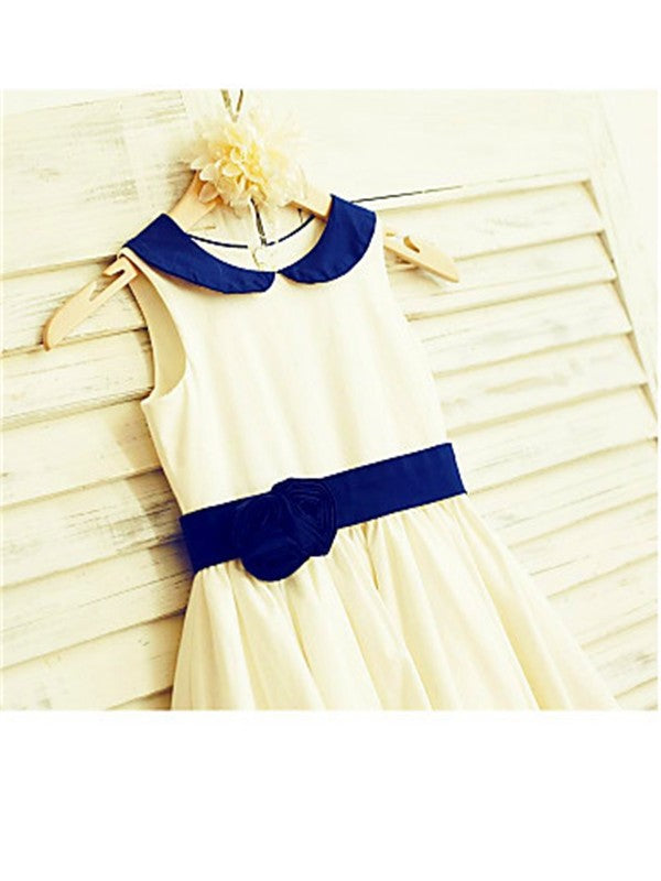 A-line/Princess Scoop Sleeveless Hand-made Flower Tea-Length Satin Flower Girl Dresses DEP0007920