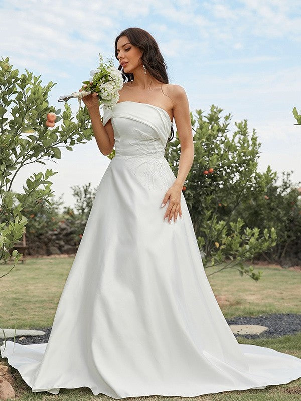 A-Line/Princess Satin Ruched Strapless Sleeveless Sweep/Brush Train Wedding Dresses DEP0007016