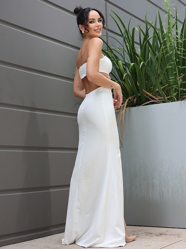 Sheath/Column Stretch Crepe Strapless Sleeveless Floor-Length Wedding Dresses DEP0007032