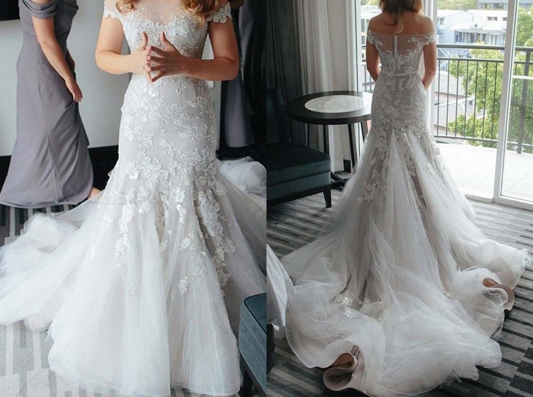 Trumpet/Mermaid Applique Lace Tulle Off-the-Shoulder Sleeveless Court Train Wedding Dresses DEP0006526