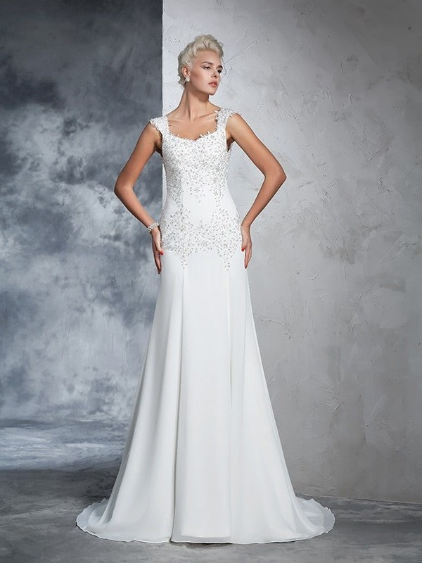 A-Line/Princess Straps Beading Sleeveless Long Chiffon Wedding Dresses DEP0006465