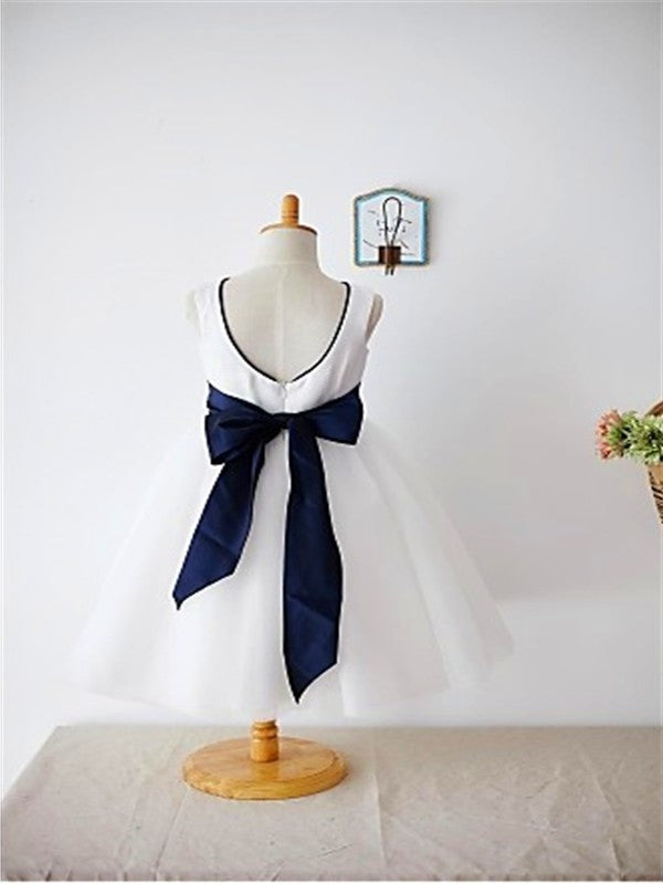 A-line/Princess Scoop Bowknot Sleeveless Tea-Length Tulle Flower Girl Dresses DEP0007839