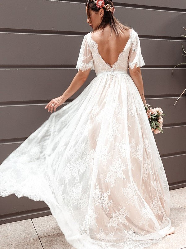 A-Line/Princess Short Sleeves Lace V-neck Sash/Ribbon/Belt Sweep/Brush Train Wedding Dresses DEP0005888