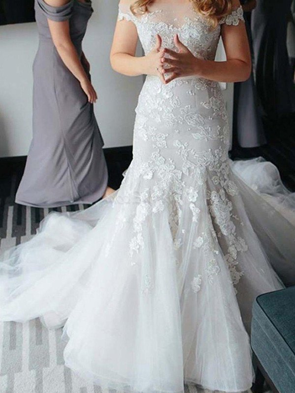 Trumpet/Mermaid Applique Lace Tulle Off-the-Shoulder Sleeveless Court Train Wedding Dresses DEP0006526