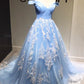 Ball Gown Sleeveless Off-the-Shoulder Applique Tulle Sweep/Brush Train Dresses DEP0001787